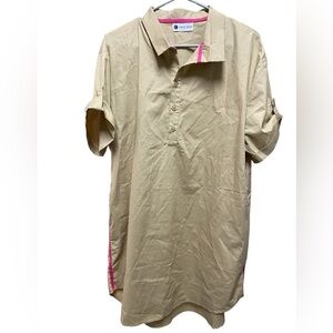 CARYN LAWN Jackie Dress OS Khaki Stripe Pink Trim Short Sleeve Pockets